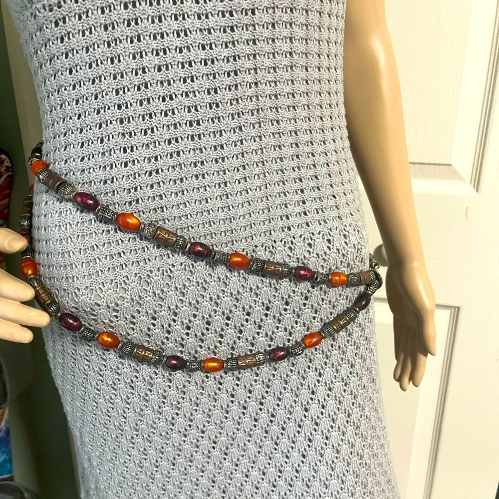 Brown and Silver Beaded Vintage EXP Double Chain Belt Korea 90’s